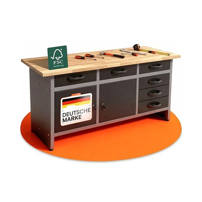 Ondis24 Werkbank Karsten - Arbeitshöhe: 850 mm, Belastbarkeit: 510 kg, Schwarz - Arbeitstisch mit Holzplatte, dunkelgrauem Rahmen, Schubladen und Schrank, darauf Werkzeuge. Mit FSC-Siegel und "Deutsche Marke" Aufschrift.