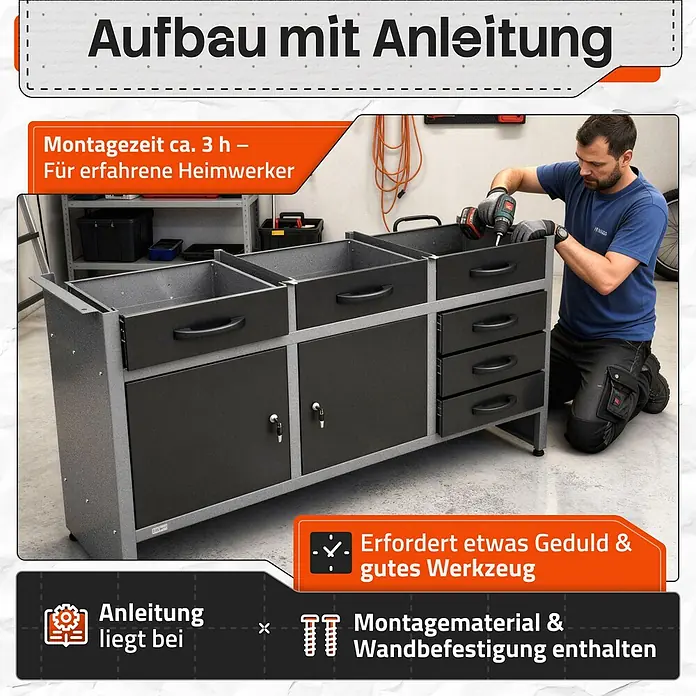 Ondis24 Werkbank Konny - L x B: 160 x 60 cm, Arbeitshöhe: 850 mm, Belastbarkeit: 510 kg, Schwarz - Graue und schwarze Metallwerkbank mit Schubladen und Schränken, von einem Mann mit Bohrmaschine montiert.