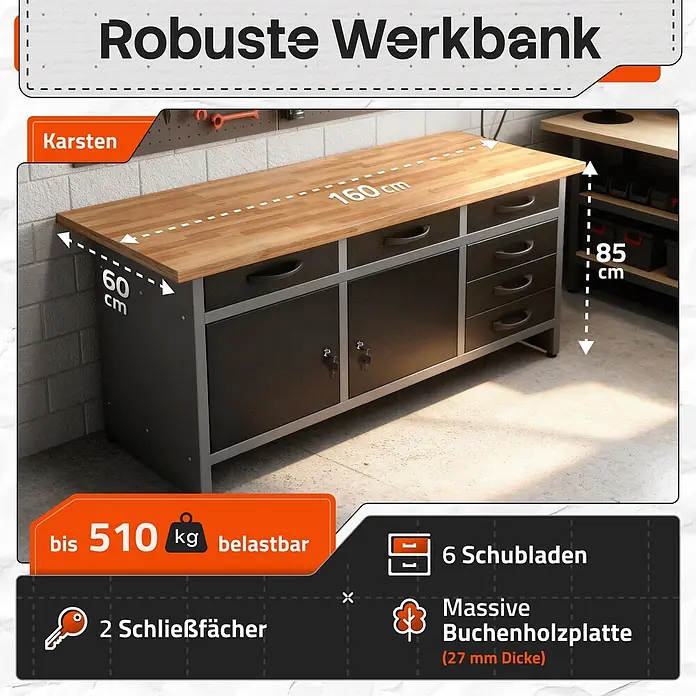 Ondis24 Werkbank Karsten - Arbeitshöhe: 850 mm, Belastbarkeit: 510 kg, Schwarz - Robuste Werkbank mit massiver Buchenholzplatte, 6 Schubladen und 2 abschließbaren Fächern. Misst 160x60x85 cm, bis 510 kg belastbar.