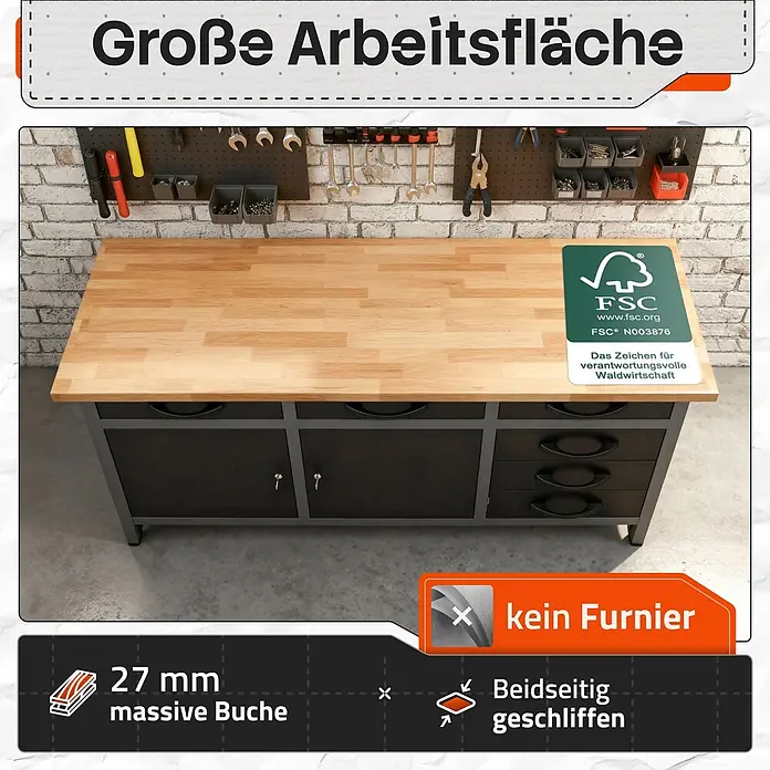 Ondis24 Werkbank Konny - L x B: 160 x 60 cm, Arbeitshöhe: 850 mm, Belastbarkeit: 510 kg, Schwarz - Feste 27mm Buchenholz-Werkbank mit großer Arbeitsfläche und schwarzen Aufbewahrungsschränken/-schubladen, FSC-zertifiziert.