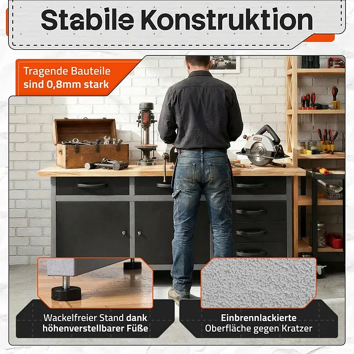 Ondis24 Werkbank Konny - L x B: 160 x 60 cm, Arbeitshöhe: 850 mm, Belastbarkeit: 510 kg, Schwarz - Robuste schwarze Werkbank mit Holzplatte in einer Werkstatt. Mit verstellbaren Füßen und kratzfester Oberfläche für Langlebigkeit.