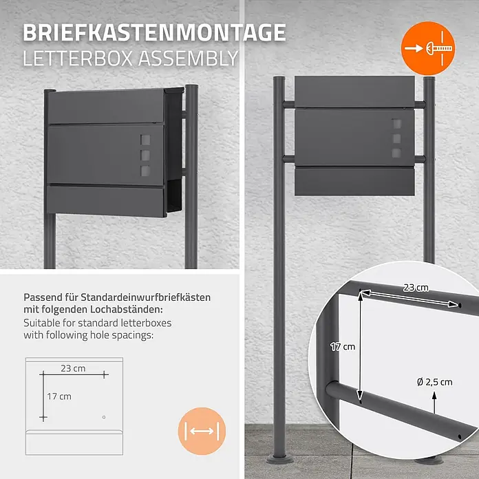 ML-Design Standbriefkasten Anthrazit rund Höhe 120 cm Freistehend Halterung für Briefkasten - L x B x H: 9 x 55 x 120 cm, Anthrazit, Edelstahl - Dunkelgrauer Briefkastenständer mit integriertem Briefkasten, zeigt Montagendetails und Maße für Standardbriefkästen (23x17 cm Lochabstand).