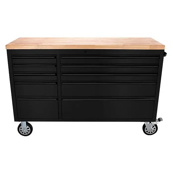 Ondis24 Werkbank Werkstattwagen 148 - L x B: 148 x 48,5 cm, Arbeitshöhe: 950 mm, Belastbarkeit: 510 kg, Schwarz - Schwarze, mobile Werkzeugkiste mit Holzarbeitsplatte und mehreren Schubladen.