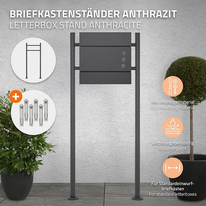 ML-Design Standbriefkasten Anthrazit rund Höhe 120 cm Freistehend Halterung für Briefkasten - L x B x H: 9 x 55 x 120 cm, Anthrazit, Edelstahl - Anthrazitfarbener Briefkastenständer für außen, inkl. Montagematerial und Funktionssymbolen.