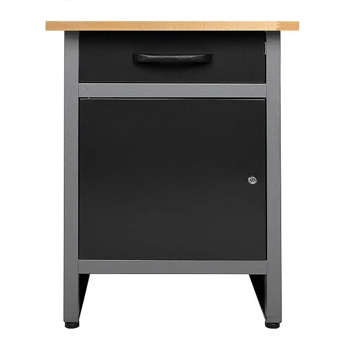 Ondis24 Werkbank Wolle - L x B: 60 x 60 cm, Arbeitshöhe: 850 mm, Belastbarkeit: 380 kg, Schwarz - Grauer Metall-Werkstattschrank mit Holzplatte, schwarzer Schublade und abschließbarer Tür.