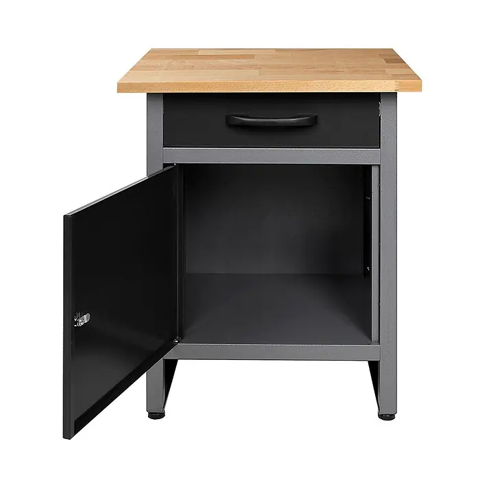 Ondis24 Werkbank Wolle - L x B: 60 x 60 cm, Arbeitshöhe: 850 mm, Belastbarkeit: 380 kg, Schwarz - Graue Metall-Werkbank mit heller Holzplatte, schwarzer Schublade und geöffneter schwarzer Schranktür mit Stauraum.