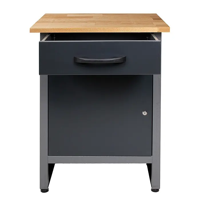 Ondis24 Werkbank Wolle - L x B: 60 x 60 cm, Arbeitshöhe: 850 mm, Belastbarkeit: 380 kg, Schwarz - Dunkelgrauer Metall-Werkstattschrank mit heller Holzplatte, offener Schublade und verschließbarem Unterschrank.