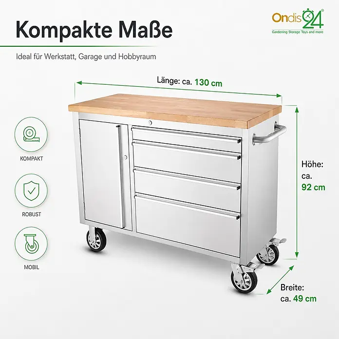 Ondis24 Werkbank Werkstattwagen 130 - L x B: 130 x 48,5 cm, Arbeitshöhe: 950 mm, Belastbarkeit: 510 kg, Edelstahl - Mobiler Werkzeugschrank aus Edelstahl mit Holz-Arbeitsplatte, Schubladen und Seitenschrank, auf Rollen, ideal für Werkstätten.