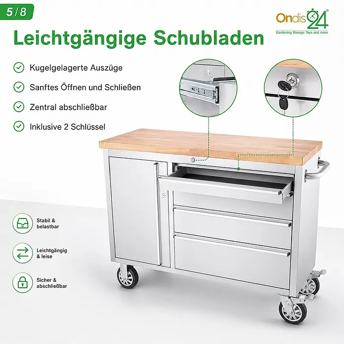 Ondis24 Werkbank Werkstattwagen 130 - L x B: 130 x 48,5 cm, Arbeitshöhe: 950 mm, Belastbarkeit: 510 kg, Edelstahl - Edelstahl-Werkbank auf Rollen mit Holzplatte, Schubladen mit Kugellagern und Zentralverriegelung.