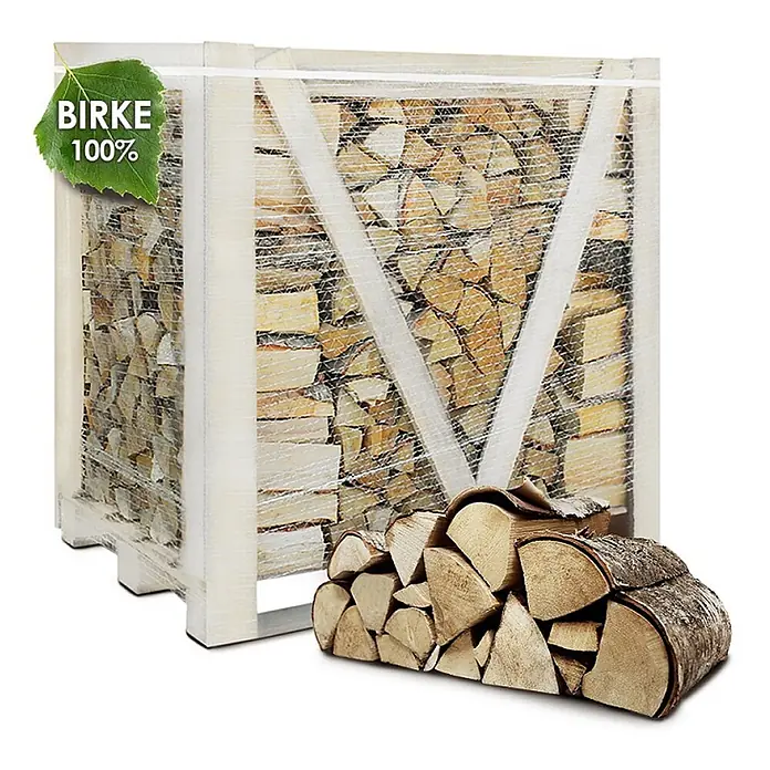 JSM Brennholz Kaminholz - Birke, 445 kg - Birkenbrennholz in einer großen Gitterbox und einem kleinen Stapel, zeigt natürliche Holzfarbe.