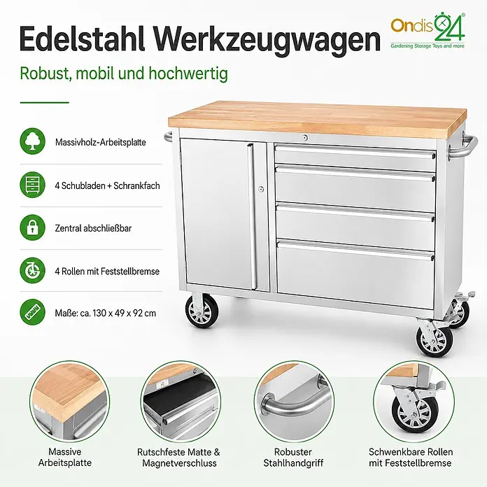 Ondis24 Werkbank Werkstattwagen 130 - L x B: 130 x 48,5 cm, Arbeitshöhe: 950 mm, Belastbarkeit: 510 kg, Edelstahl - Edelstahl Werkzeugwagen mit Holz-Arbeitsplatte, mehreren Schubladen, einem Schrankfach und feststellbaren Rollen.