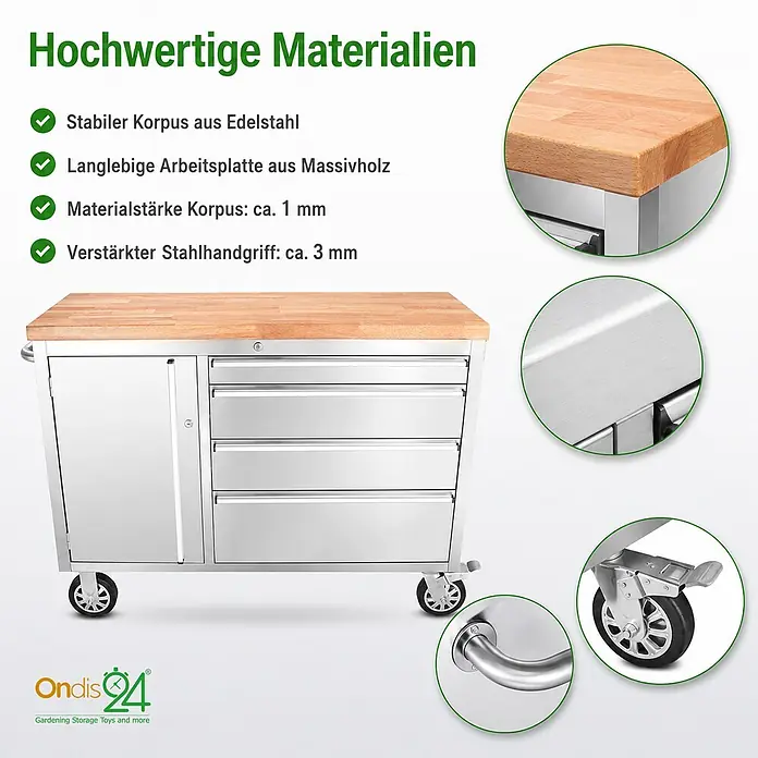 Ondis24 Werkbank Werkstattwagen 130 - L x B: 130 x 48,5 cm, Arbeitshöhe: 950 mm, Belastbarkeit: 510 kg, Edelstahl - Mobiler Werkzeugschrank aus Edelstahl mit Massivholzplatte, Schubladen, Seitenfach und feststellbaren Rollen.
