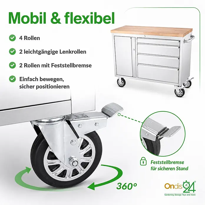 Ondis24 Werkbank Werkstattwagen 130 - L x B: 130 x 48,5 cm, Arbeitshöhe: 950 mm, Belastbarkeit: 510 kg, Edelstahl - Mobiler Edelstahl-Werkstattschrank mit Holzplatte und feststellbaren Rollen.