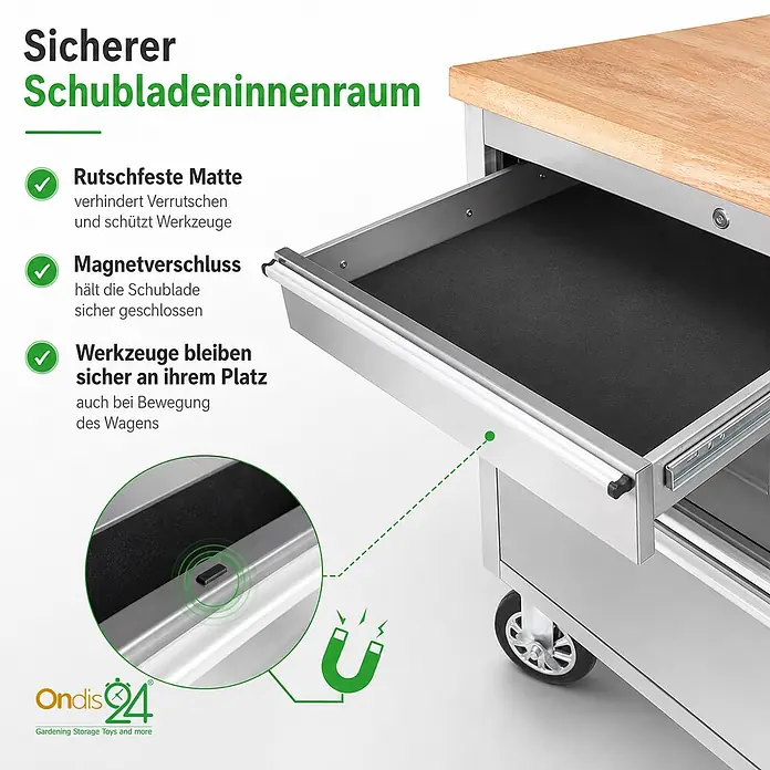 Ondis24 Werkbank Werkstattwagen 130 - L x B: 130 x 48,5 cm, Arbeitshöhe: 950 mm, Belastbarkeit: 510 kg, Edelstahl - Geöffnete Edelstahlschublade mit rutschfester schwarzer Matte. Magnetverschluss und sichere Werkzeugaufbewahrung werden hervorgehoben.