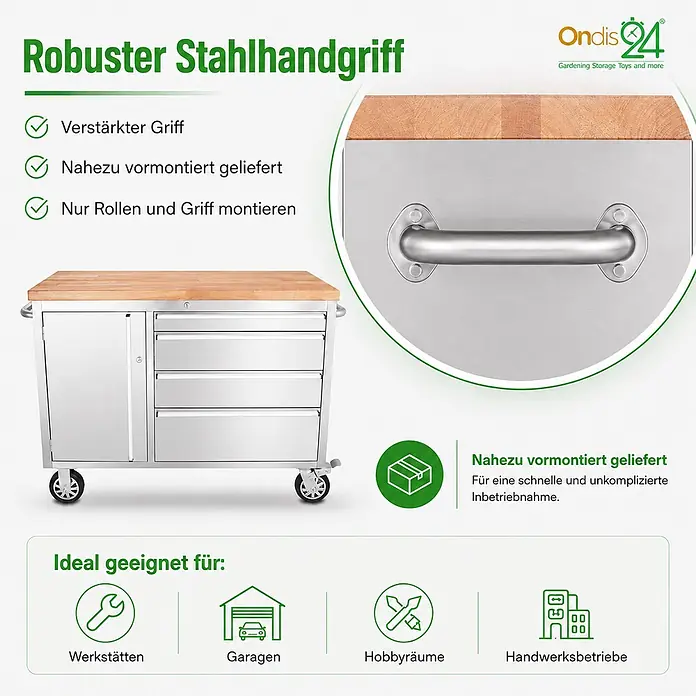 Ondis24 Werkbank Werkstattwagen 130 - L x B: 130 x 48,5 cm, Arbeitshöhe: 950 mm, Belastbarkeit: 510 kg, Edelstahl - Mobiler Edelstahl-Werkstattschrank mit Holzplatte, mehreren Schubladen und robustem Griff.