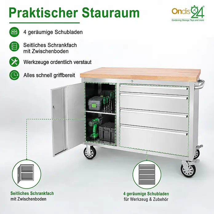 Ondis24 Werkbank Werkstattwagen 130 - L x B: 130 x 48,5 cm, Arbeitshöhe: 950 mm, Belastbarkeit: 510 kg, Edelstahl - Edelstahl-Werkzeugwagen mit Holzplatte, vier Schubladen und einem Seitenfach für organisierte Werkzeugaufbewahrung.