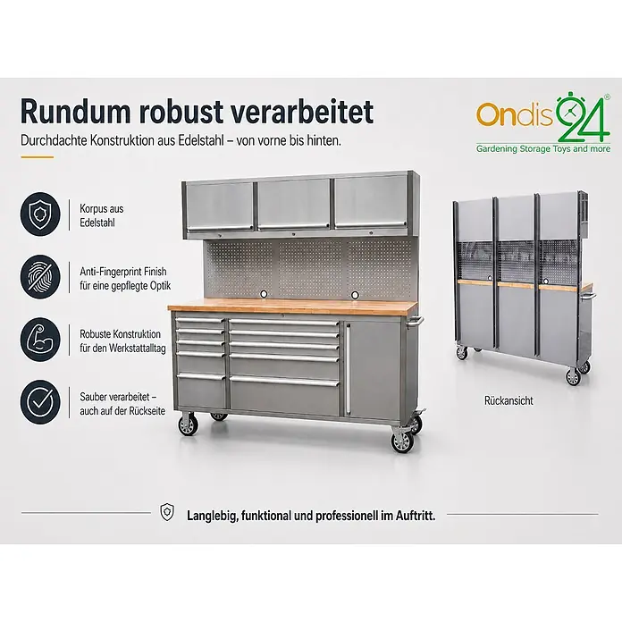 Ondis24 Werkbank Werkstatt 198 - L x B: 198 x 48,5 cm, Arbeitshöhe: 950 mm, Belastbarkeit: 510 kg, Edelstahl - Robuste Edelstahl-Werkbank mit Schränken, Schubladen und Lochwand, Vorder- und Rückansicht.