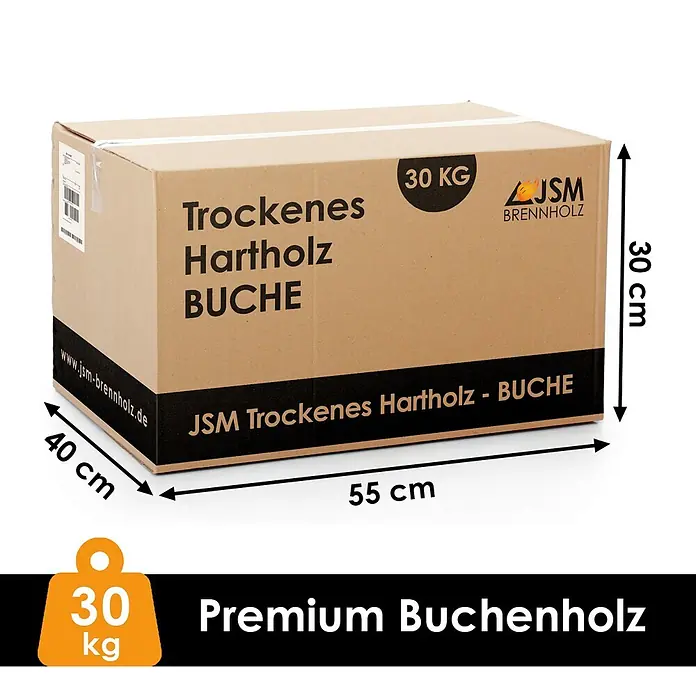 JSM Brennholz Kaminholz - Buche, 25 cm, 30 kg - Karton mit 30 kg trockenem Buchenholz, Maße 55x40x30 cm.
