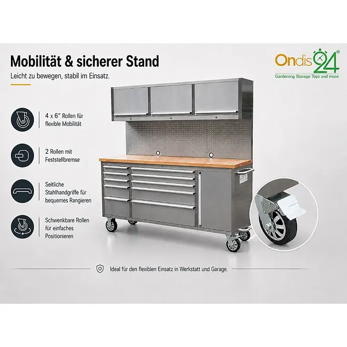 Ondis24 Werkbank Werkstatt 198 - L x B: 198 x 48,5 cm, Arbeitshöhe: 950 mm, Belastbarkeit: 510 kg, Edelstahl - Mobiler Werkstattschrank aus Metall mit Holzplatte auf Rollen, ideal für Werkstatt und Garage.