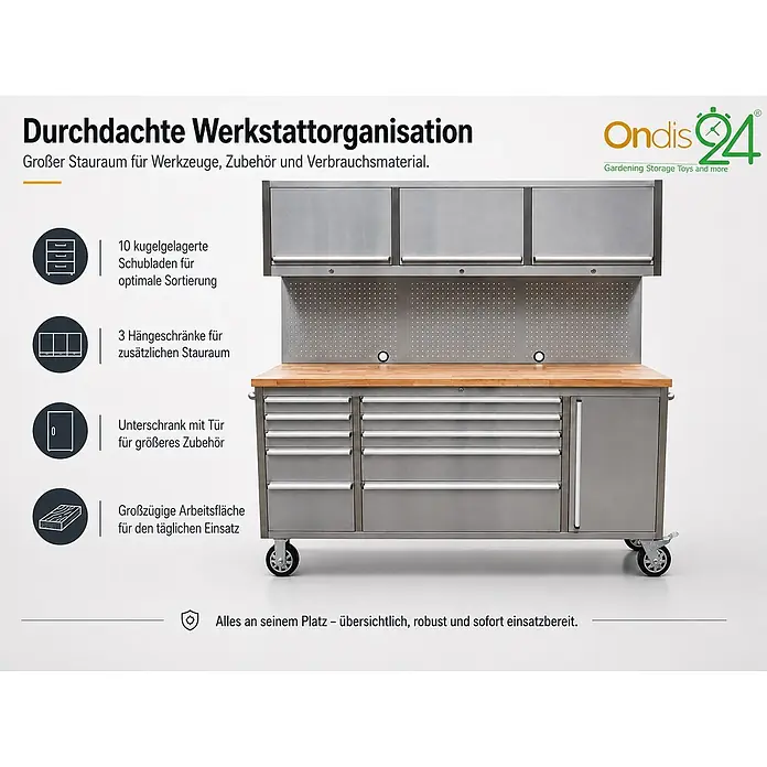 Ondis24 Werkbank Werkstatt 198 - L x B: 198 x 48,5 cm, Arbeitshöhe: 950 mm, Belastbarkeit: 510 kg, Edelstahl - Graue Metall-Werkbank mit Holzplatte, mehreren Schubladen, Hängeschränken und einer Seitentür zur Werkstattorganisation.