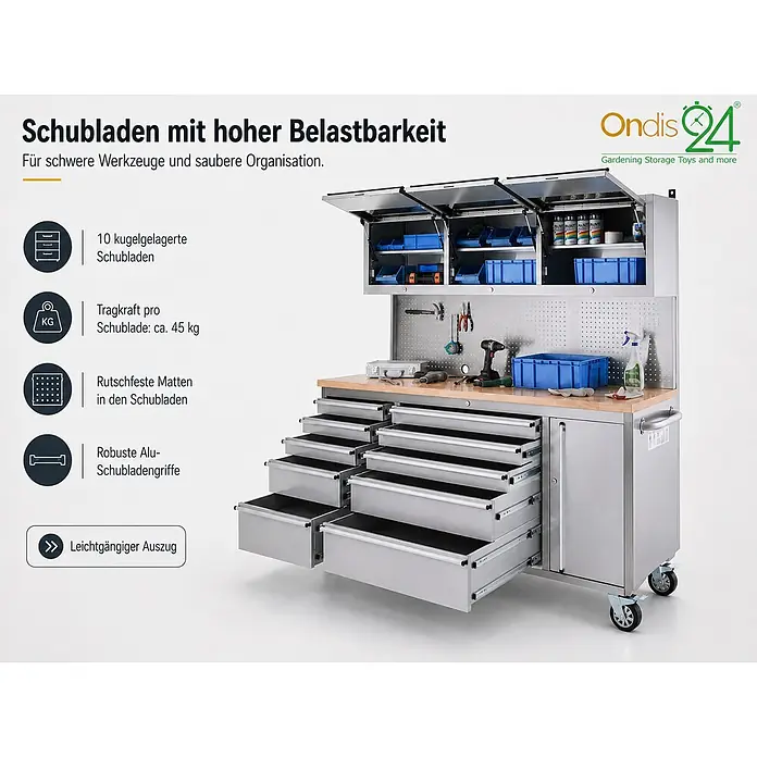 Ondis24 Werkbank Werkstatt 198 - L x B: 198 x 48,5 cm, Arbeitshöhe: 950 mm, Belastbarkeit: 510 kg, Edelstahl - Werkbank aus Metall mit Holzplatte, zahlreichen kugelgelagerten Schubladen und Hängeschränken zur Werkzeugaufbewahrung.