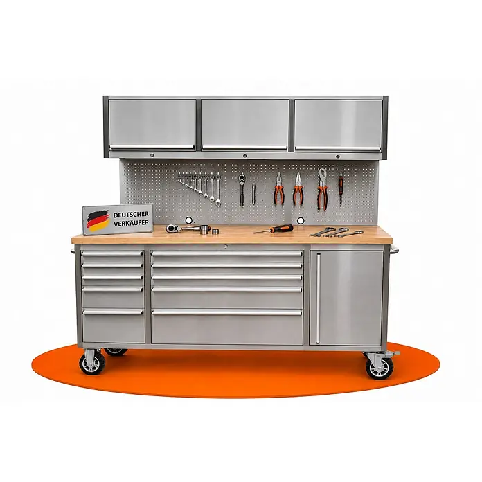 Ondis24 Werkbank Werkstatt 198 - L x B: 198 x 48,5 cm, Arbeitshöhe: 950 mm, Belastbarkeit: 510 kg, Edelstahl - Mobiler Werkbank aus Edelstahl mit Holzplatte, vielen Schubladen, Schränken, Lochwand und Werkzeugen.