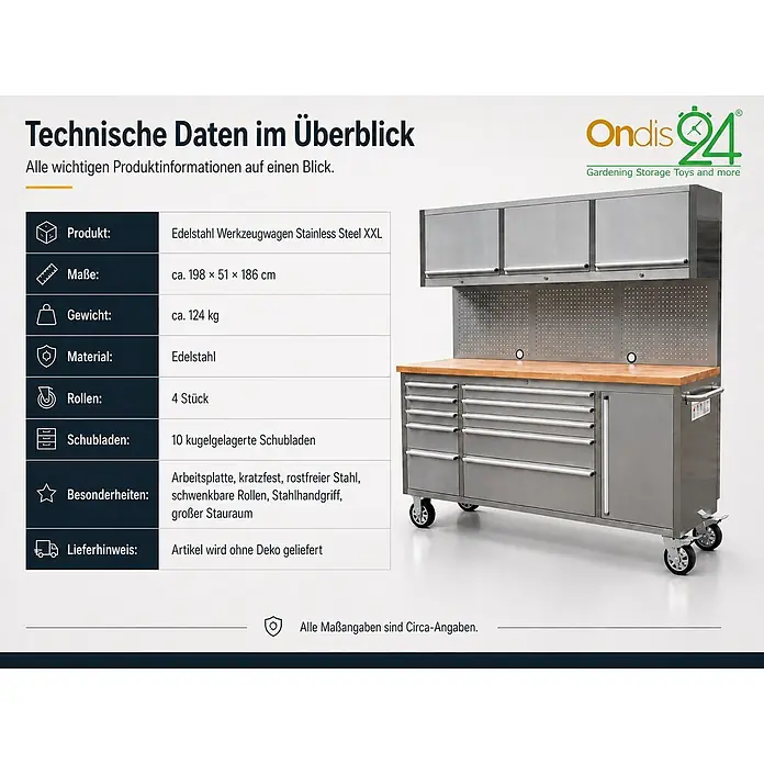 Ondis24 Werkbank Werkstatt 198 - L x B: 198 x 48,5 cm, Arbeitshöhe: 950 mm, Belastbarkeit: 510 kg, Edelstahl - Großer Edelstahl Werkzeugwagen mit Holz-Arbeitsplatte, vielen Schubladen, Oberschränken und vier Rollen.