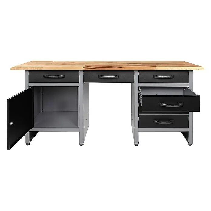Ondis24 Werkbank-Set - Arbeitshöhe: 850 mm, Metall - Graue Metall-Werkbank mit Holzplatte, schwarzen Schubladen und offenem Fach zur Aufbewahrung.