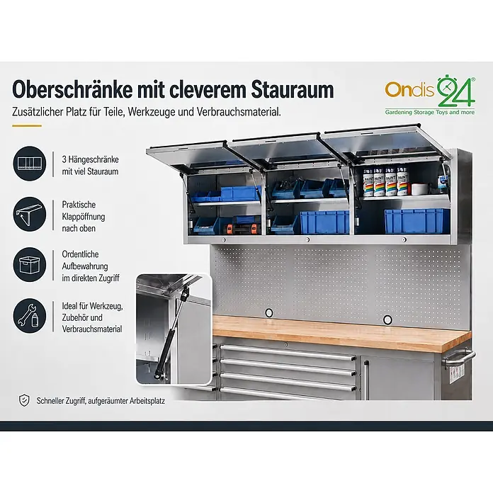 Ondis24 Werkbank Werkstatt 198 - L x B: 198 x 48,5 cm, Arbeitshöhe: 950 mm, Belastbarkeit: 510 kg, Edelstahl - Silberne Metall-Oberschränke mit aufklappbaren Türen, in eine Werkbank integriert, zur organisierten Aufbewahrung von Werkzeugen und Material.