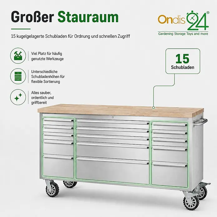 Ondis24 Werkbank Werkstattwagen 15 Schubladen - L x B: 198 x 48,5 cm, Arbeitshöhe: 950 mm, Belastbarkeit: 510 kg, Edelstahl - Silberner Werkzeugschrank mit Holzplatte und 15 kugelgelagerten Schubladen auf Rollen für viel Stauraum.