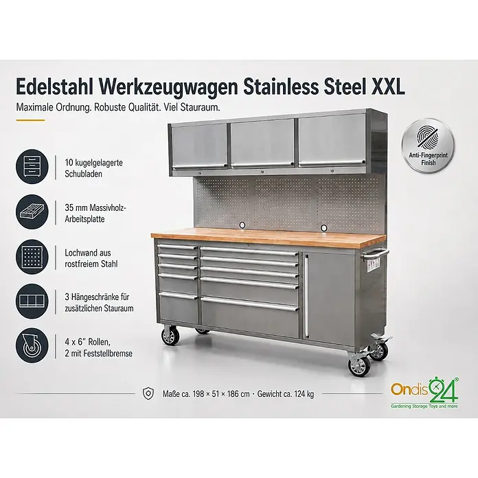 Ondis24 Werkbank Werkstatt 198 - L x B: 198 x 48,5 cm, Arbeitshöhe: 950 mm, Belastbarkeit: 510 kg, Edelstahl - Edelstahl Werkzeugwagen mit Holz-Arbeitsplatte, vielen Schubladen, Hängeschränken, Lochwand und Rollen.