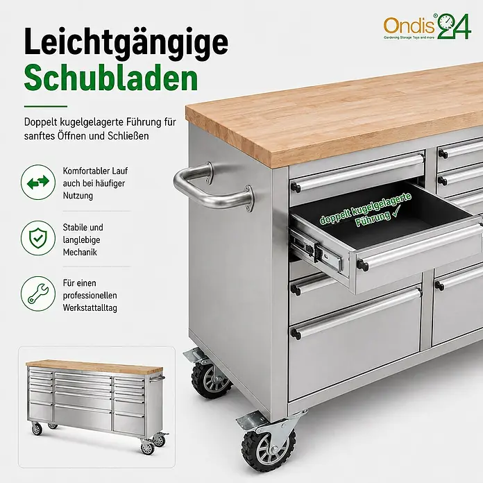 Ondis24 Werkbank Werkstattwagen 15 Schubladen - L x B: 198 x 48,5 cm, Arbeitshöhe: 950 mm, Belastbarkeit: 510 kg, Edelstahl - Edelstahl-Werkbank mit Holzplatte, vielen Schubladen auf Rollen. Eine offene Schublade zeigt kugelgelagerte Führungen.