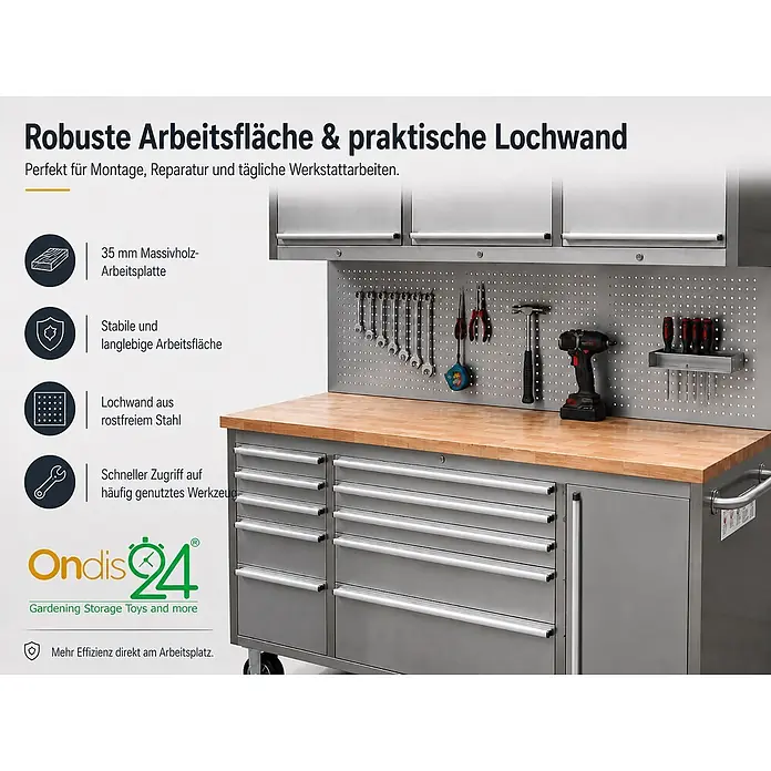 Ondis24 Werkbank Werkstatt 198 - L x B: 198 x 48,5 cm, Arbeitshöhe: 950 mm, Belastbarkeit: 510 kg, Edelstahl - Graue Metallwerkbank mit Holzplatte und Lochwand, mehreren Schubladen und integrierter Werkzeugaufbewahrung für effiziente Arbeitsplatzorganisation.
