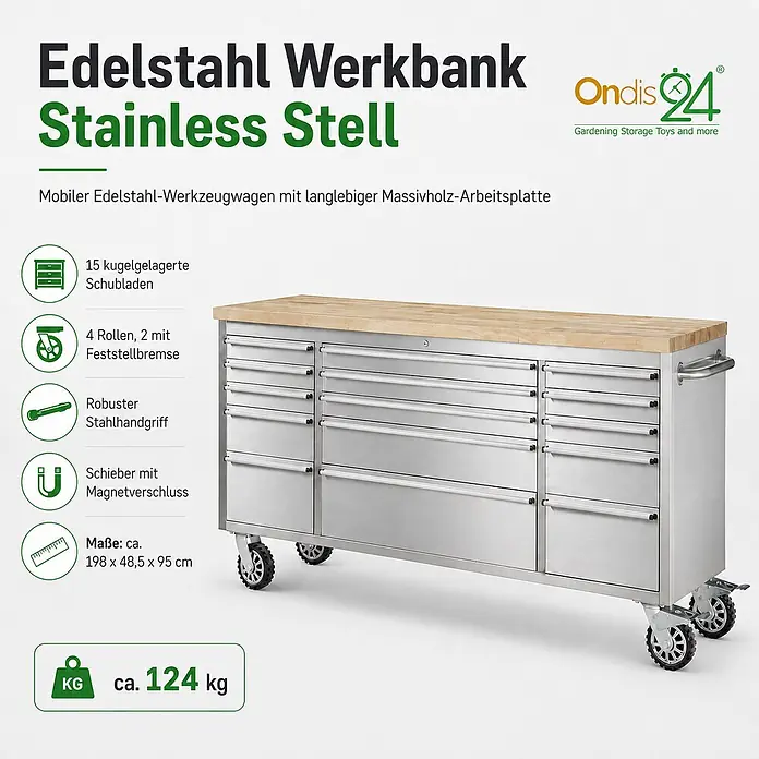 Ondis24 Werkbank Werkstattwagen 15 Schubladen - L x B: 198 x 48,5 cm, Arbeitshöhe: 950 mm, Belastbarkeit: 510 kg, Edelstahl - Mobiler Edelstahl-Werkzeugschrank mit Massivholzplatte, vielen Schubladen und Rollen.