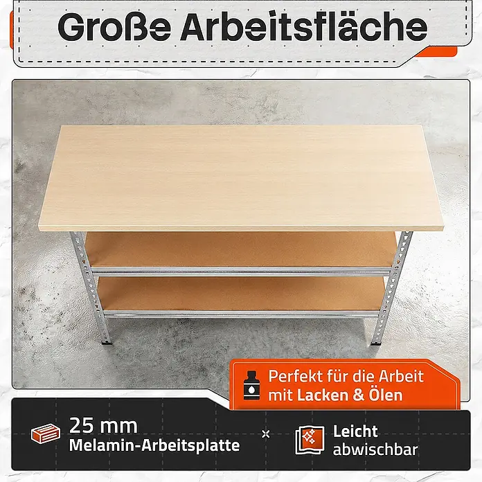 Ondis24 Werkbank Uwe - Arbeitshöhe: 920 mm, Belastbarkeit: 250 kg, Silber - Robuste Werkbank mit heller Melamin-Arbeitsplatte (25mm) und zwei Ablageflächen, ideal für Arbeiten mit Lacken und Ölen.
