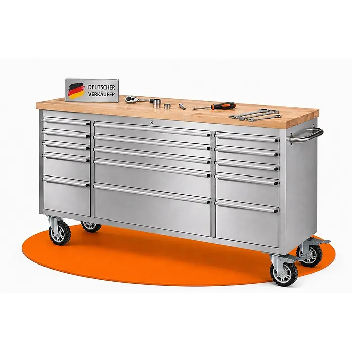 Ondis24 Werkbank Werkstattwagen 15 Schubladen - L x B: 198 x 48,5 cm, Arbeitshöhe: 950 mm, Belastbarkeit: 510 kg, Edelstahl - Großer mobiler Werkstattwagen aus Edelstahl mit vielen Schubladen und einer Holz-Arbeitsplatte, darauf Werkzeuge.