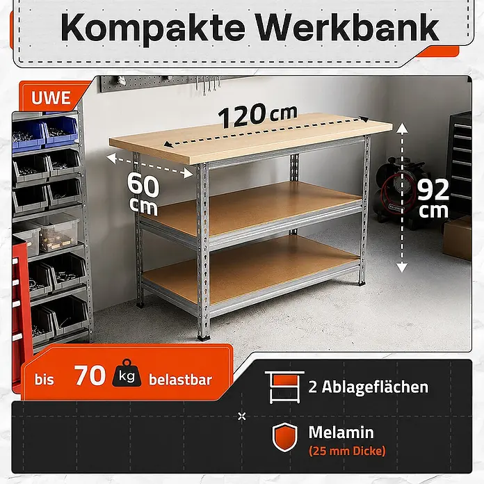 Ondis24 Werkbank Uwe - Arbeitshöhe: 920 mm, Belastbarkeit: 250 kg, Silber - Kompakte Melamin-Werkbank (25 mm dick) mit 2 Ablageflächen, 120x60x92 cm, bis 70 kg belastbar.