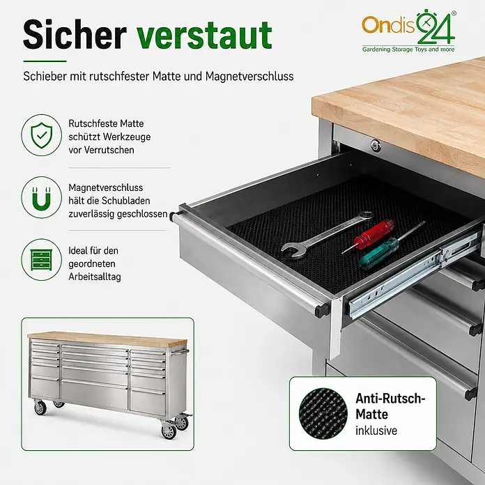 Ondis24 Werkbank Werkstattwagen 15 Schubladen - L x B: 198 x 48,5 cm, Arbeitshöhe: 950 mm, Belastbarkeit: 510 kg, Edelstahl - Edelstahl-Werkbank mit Holzplatte und mehreren Schubladen. Inklusive rutschfester Matte für geordnete Werkzeugaufbewahrung.