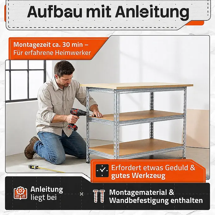 Ondis24 Werkbank Uwe - Arbeitshöhe: 920 mm, Belastbarkeit: 250 kg, Silber - Mann montiert ein graues Metallregal mit Holzablagen mithilfe eines Akkuschraubers. Das Regal ist teilweise aufgebaut.