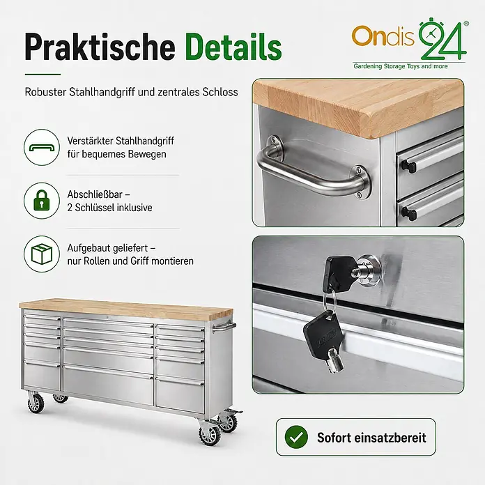 Ondis24 Werkbank Werkstattwagen 15 Schubladen - L x B: 198 x 48,5 cm, Arbeitshöhe: 950 mm, Belastbarkeit: 510 kg, Edelstahl - Werkstattwagen aus Edelstahl mit Holzplatte, verstärktem Griff und Schloss. Lieferung montiert, Rollen und Griff anbringen.