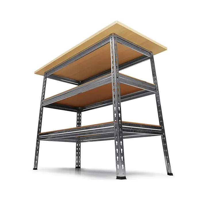 Ondis24 Werkbank Uwe - Arbeitshöhe: 920 mm, Belastbarkeit: 250 kg, Silber - Vierstöckiges Lagerregal mit verzinktem Metallrahmen und hellen Holzregalböden.