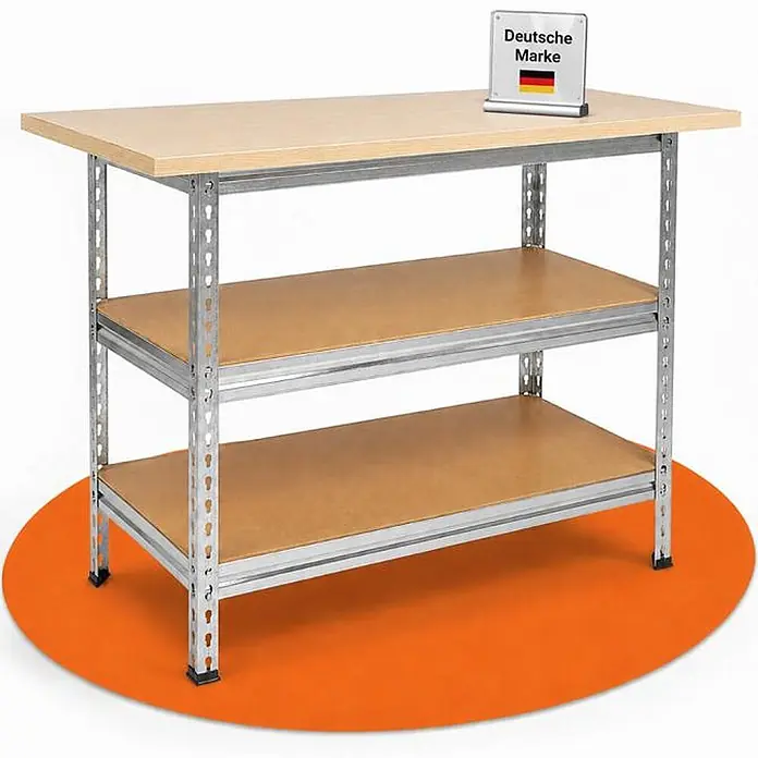 Ondis24 Werkbank Uwe - Arbeitshöhe: 920 mm, Belastbarkeit: 250 kg, Silber - Dreistöckiges Schwerlastregal aus verzinktem Metall mit hellen Holzböden.
