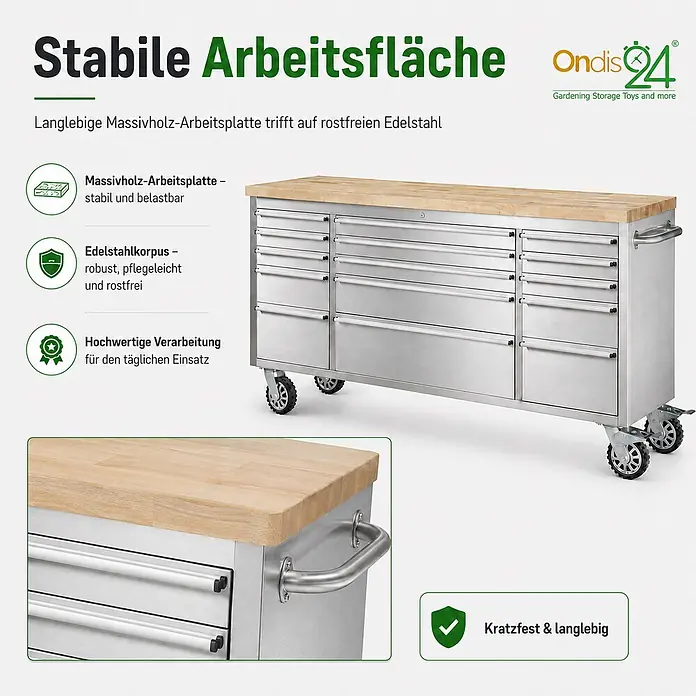 Ondis24 Werkbank Werkstattwagen 15 Schubladen - L x B: 198 x 48,5 cm, Arbeitshöhe: 950 mm, Belastbarkeit: 510 kg, Edelstahl - Edelstahl-Werkbank mit Massivholzplatte, vielen Schubladen und Rollen. Inklusive stabilem Seitenhandgriff.