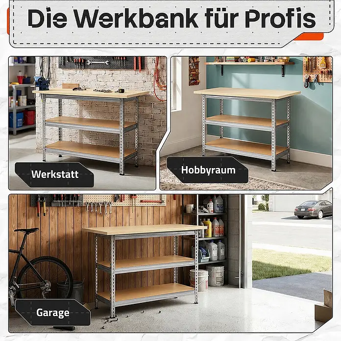 Ondis24 Werkbank Uwe - Arbeitshöhe: 920 mm, Belastbarkeit: 250 kg, Silber - Graue Metallwerkbank mit hellbraunen Holzablagen, vielseitig einsetzbar in Werkstatt, Hobbyraum und Garage.