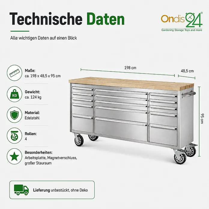 Ondis24 Werkbank Werkstattwagen 15 Schubladen - L x B: 198 x 48,5 cm, Arbeitshöhe: 950 mm, Belastbarkeit: 510 kg, Edelstahl - Edelstahl-Werkbank mit Holz-Arbeitsplatte, mehreren Schubladen und Rollen.