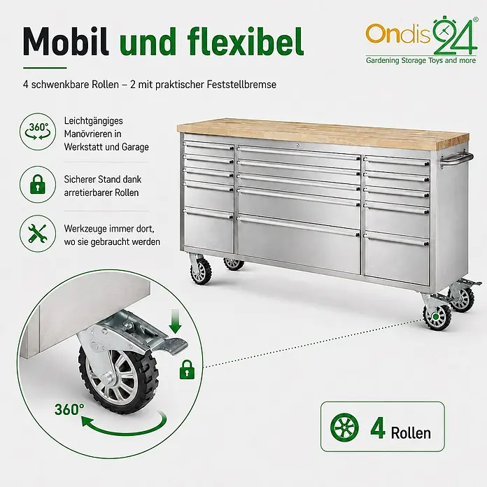 Ondis24 Werkbank Werkstattwagen 15 Schubladen - L x B: 198 x 48,5 cm, Arbeitshöhe: 950 mm, Belastbarkeit: 510 kg, Edelstahl - Mobiler Werkstattschrank aus Edelstahl mit Holzplatte und vielen Schubladen, ausgestattet mit 4 Schwenkrollen, zwei davon feststellbar.