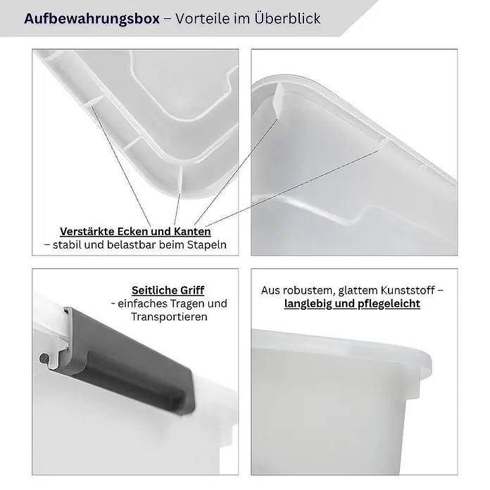 Proregal Aufbewahrungsbox-Set 4er mit Deckel - XXL mit Rollen - L x B x H: 48 x 65 x 38 cm, Kunststoff, Transparent, 4 Stk. - Weiße/transparente Aufbewahrungsbox aus robustem Kunststoff mit verstärkten Ecken für Stapelstabilität und seitlichen Griffen für einfaches Tragen. Langlebig und pflegeleicht.