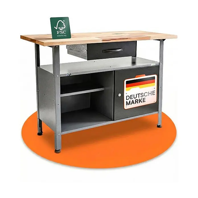 Ondis24 Werkbank Klaus - L x B: 120 x 60 cm, Arbeitshöhe: 850 mm, Belastbarkeit: 380 kg, Schwarz - Werkbank mit Holzplatte, Metallgestell, Schublade und Schrankstauraum.