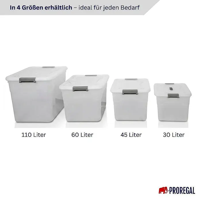 Proregal Aufbewahrungsbox-Set 4er mit Deckel - XXL mit Rollen - L x B x H: 48 x 65 x 38 cm, Kunststoff, Transparent, 4 Stk. - Vier transparente Aufbewahrungsboxen mit grauen Griffen und weißen Deckeln, in den Größen 110, 60, 45 und 30 Liter.