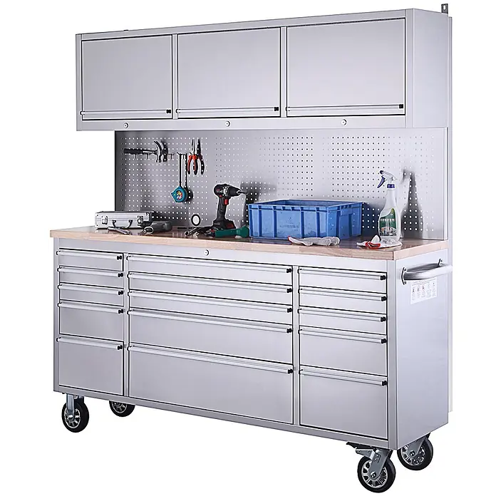Ondis24 Werkbank Werkstatt 198 - L x B: 198 x 48,5 cm, Arbeitshöhe: 950 mm, Belastbarkeit: 510 kg, Edelstahl - Mobiler Edelstahl-Werkbank mit Holzplatte, Oberschränken, Lochwand und mehreren Schubladen.